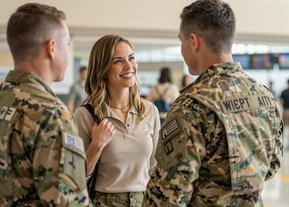 Woman greeting a soldier at an airport homecoming on an army dating site for military singles