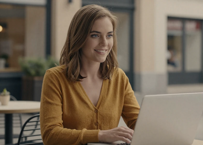 Woman at an outdoor cafe reading the FAQ on a military singles dating site