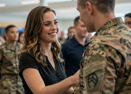 Woman greeting a soldier at homecoming on an army dating site for military singles