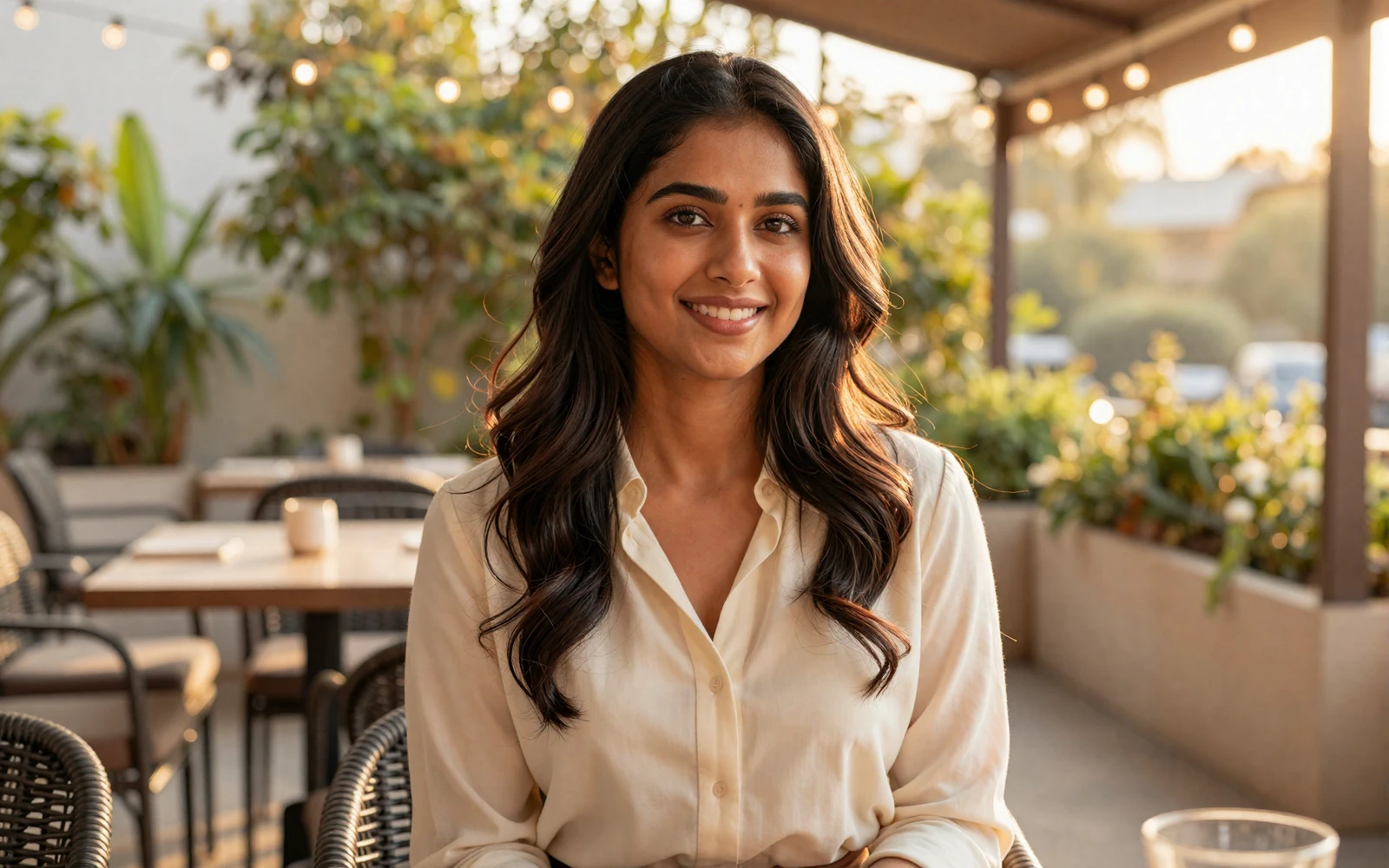 Woman smiling at a restaurant terrace, reflecting the serious connections found when dating a military officer